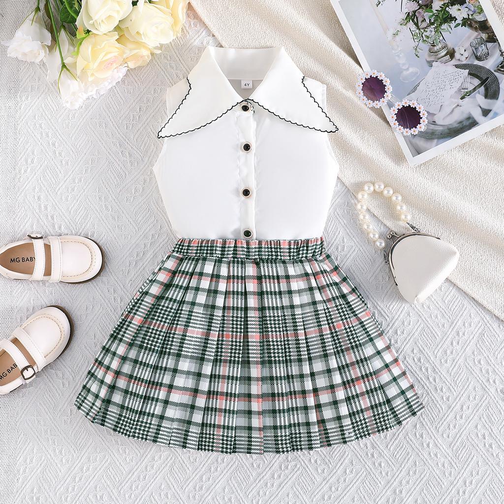 2PCS Baby Girl Sleeveless Shirt & Plaid Pleated Skirt Set, Preppy Style Casual Outf