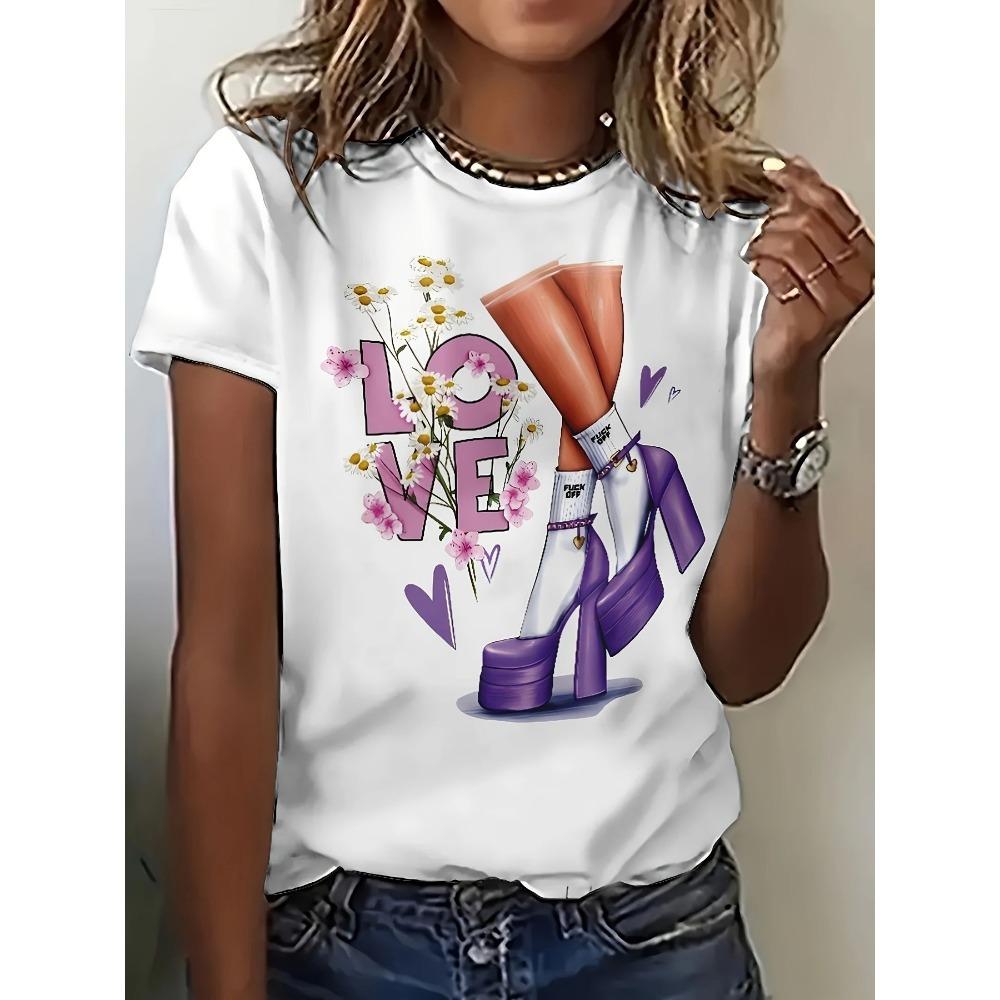 3D printed pattern T-shirt, summer and spring short sleeved round neck casual top, women's clothing