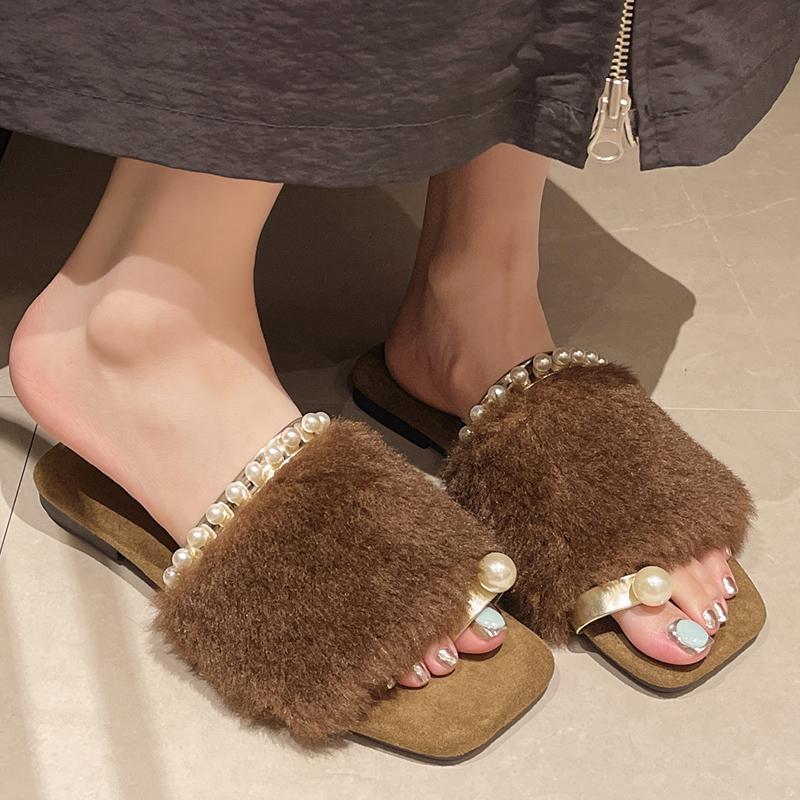 

Зимние женские тапочки на плоской подошве с квадратным носком и бусинами, дизайнерская модная обувь, новый бренд 2025 года, тренд для прогулок, уютный дом, женские туфли 35