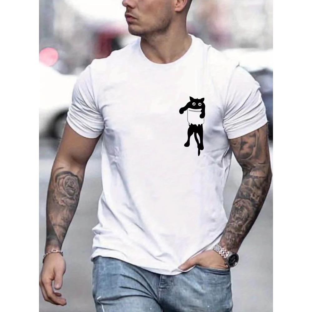 Cat Round Neck T-shirts, Causal Graphic Tees, Short Sleeves Slim Fit Tops, Men's Summer Clothing