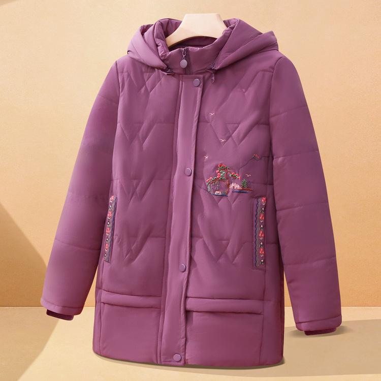 

Зимнее пальто средней длины для пожилой мамы, свободного кроя, зимнего цвета, стеганая куртка для бабушки с капюшоном 5XL фиолетовый