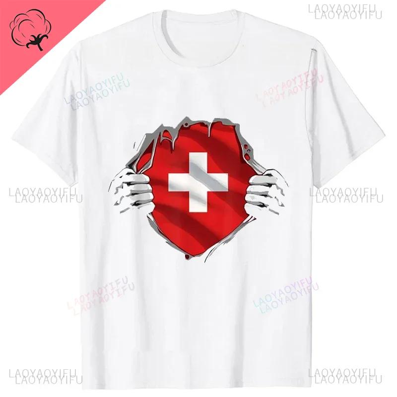 Super Swiss Proud Switzerland Flag T Shirts Man ShortSleeve Fashion Hipster T Shirt Clothing Casual Summer Basic Loose Tee
