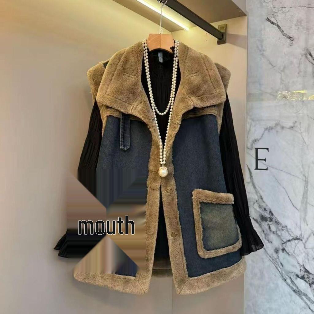 Przytulna Szykowna Kamizelka Patchworkowa Jeansowa z Podszewką z Polarowego Materiału Duży Rozmiar Modelująca Sylwetkę