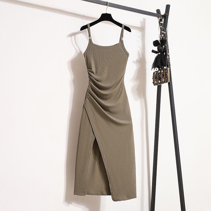 Plus Size Slimming Camisole Dress - Women's Waist-Cinched Spring/Summer Slit Outerwear Skirt