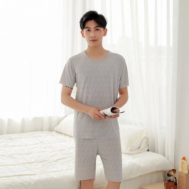 Men's Ice Silk Short Sleeve Pajama Set with Round Neck, Ribbed Shorts, and Versatile T-shirt for Indoors and Outdoors