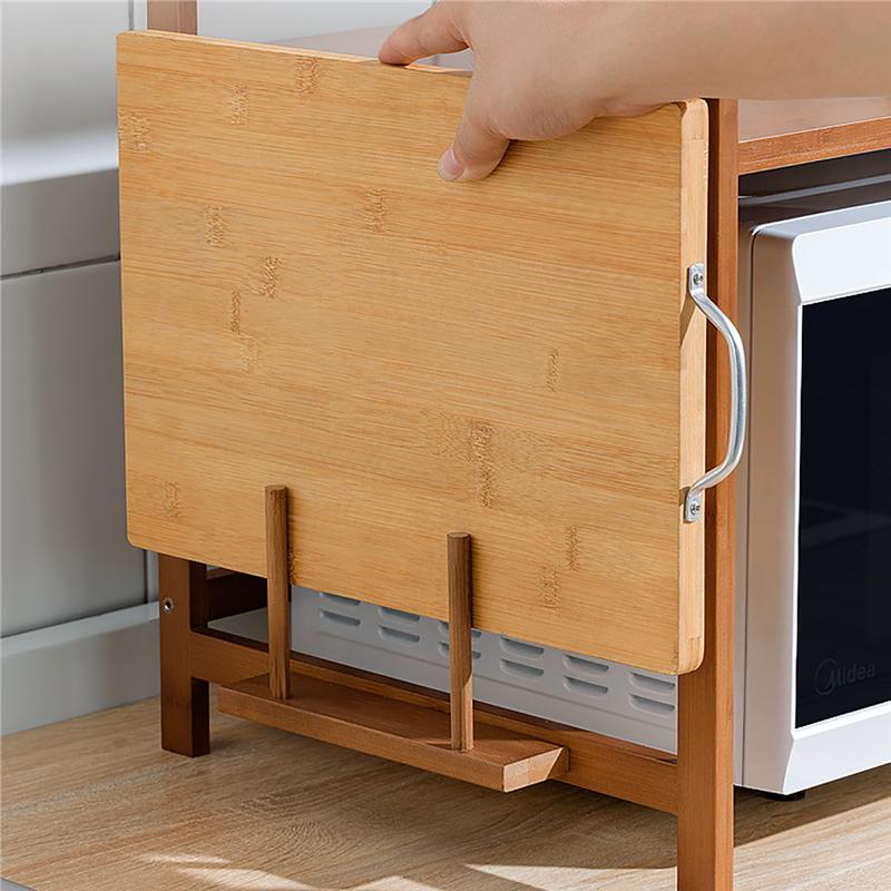 Kitchen Microwave Oven Storage Rack 1 Layer Bamboo Adjustable Countertops Organizer Shelf Hanging Hook Chopping Board Holder