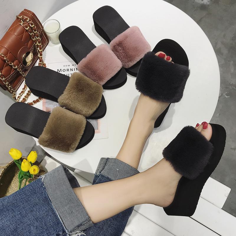 Korean Women's Thick-Soled Fur Slippers: Stylish and Casual, with Wedge Heel, Single-Strap Cotton Design