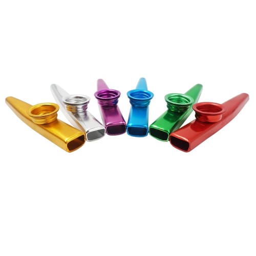 Metal Kazoo with 6 Vibrating Diaphragms, Silver, Red, Blue, Yellow, Green, Purple, Whistle, Wind Instrument