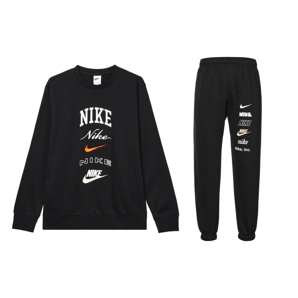 Nike Letter Print Fleece Crewneck Long Sleeve Sweatshirt Warm Cuffed Knit Long Pants Casual Sports Suit Men sweatshirt, pants FN2611-010+DX0796-010
