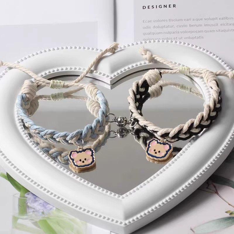 High-Value Cartoon Bestie Trio Magnetic Bracelets: Cute Bear Woven Adjustable Hand Rope for Couples