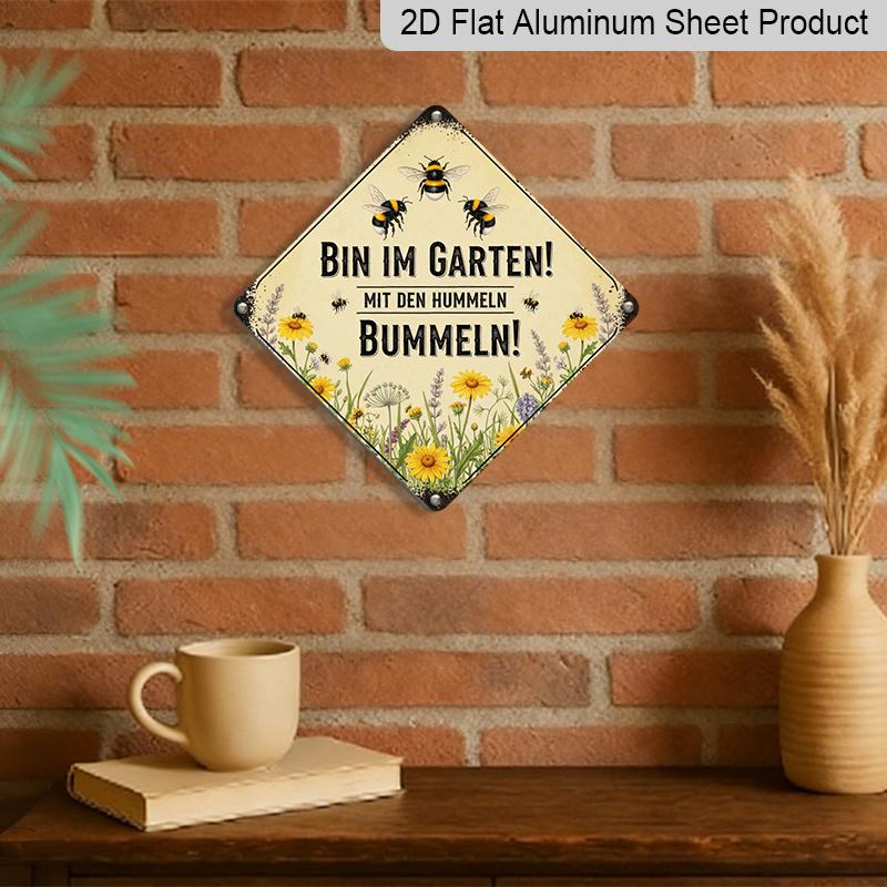 2D Flat Vintage Bee Garden Aluminum Sign, Funny German Slogan Rustic Wall Art with Rusty Edge, Hanging Decor for Garden Yard Patio Farm