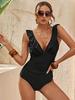 Maillot de bain une pièce à lacets, décolleté en V et volants en dentelle pour femme