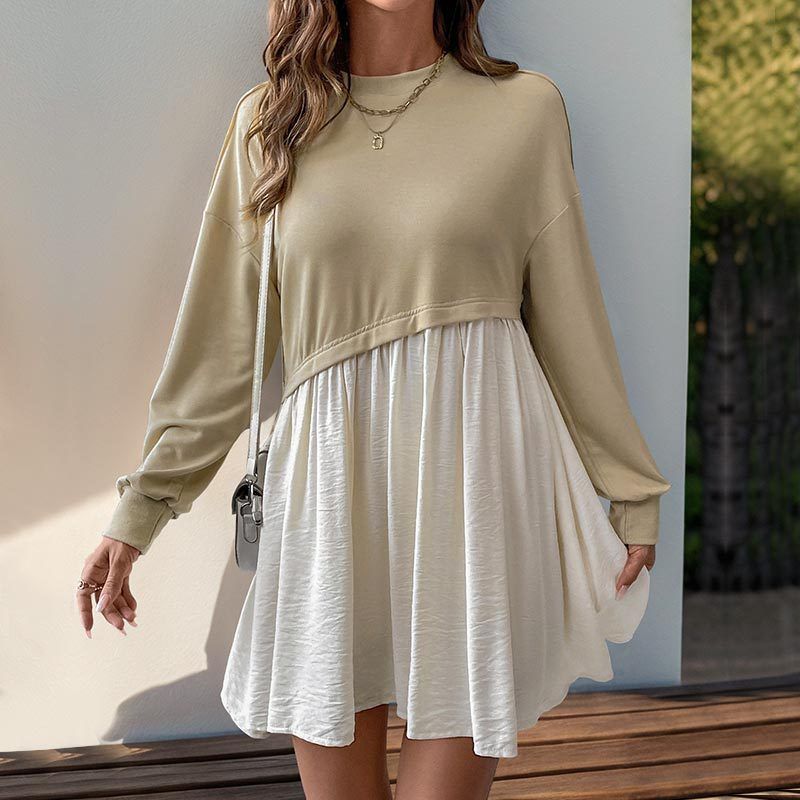 

European and American Leisure New round Neck Color Contrast Patchwork Long Sleeves Dress round Neck Patchwork Dress Khaki S