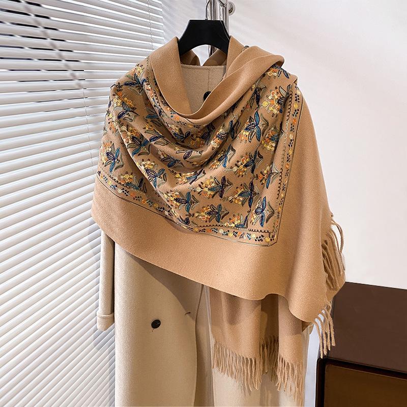 Winter Warm Cashmere Scarf for Women Floral Embroidery Pashmina Blanket Thick Shawl Wrap Neckerchief Elegant Poncho Bufanda