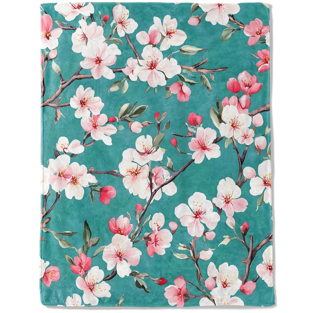 Cherry Blossom Throw Blanket Branches Flower Print Fleece Flannel Blanket Japanese Style Soft Fuzzy Blanket for Sofa Couch Bed