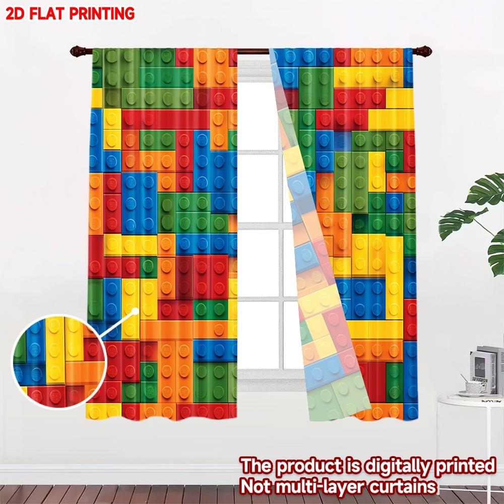 Flat Printing Happy Valentine Day Party Window Curtains Color Square Pattern Digital Printed Polyester Drapes Seasonal Set Of 2 Made