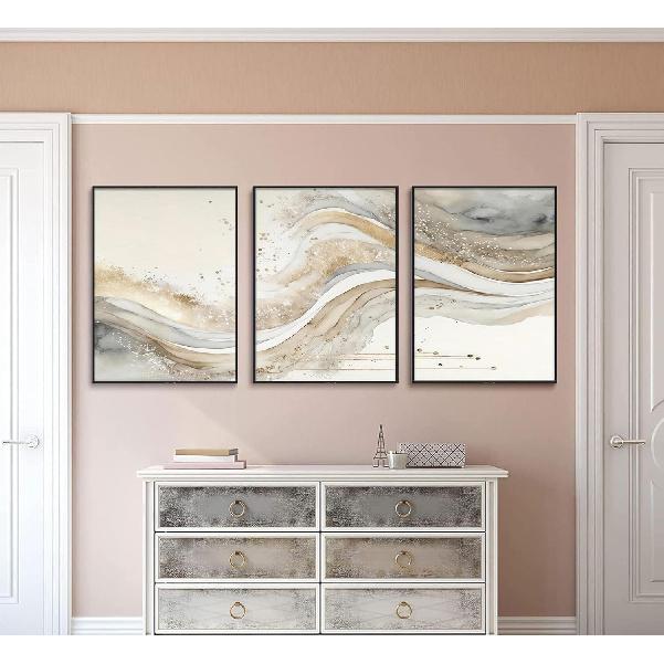 3Pcs Gold Abstract Marble Canvas Wall Art Modern Grey and Gold Fluid Painting Picture Wall Decor neutral Marble Poster Print Artwork for Bedroom
