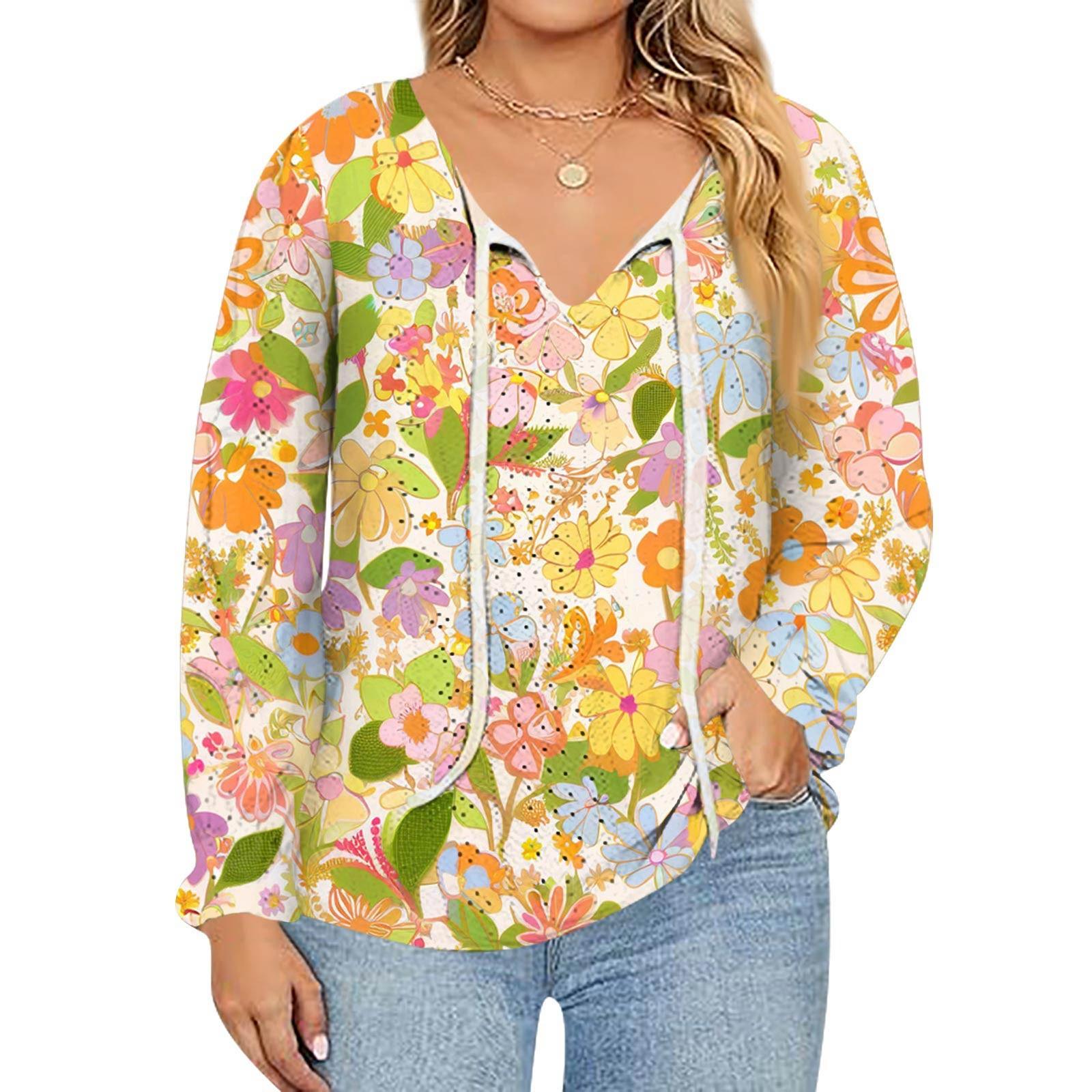 

Women s Fashion Printed Casual V-Neck Long Sleeve Top XL жовтий