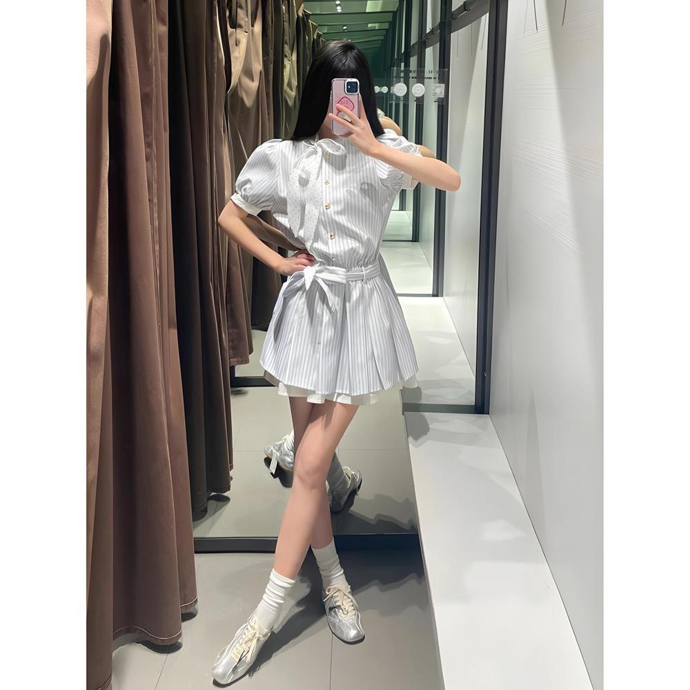 Sweet Polka Dot Striped Dress Women's Summer Japanese College Style Bow Shirt Skirt