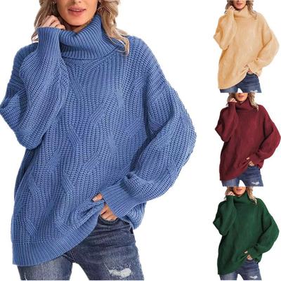 Autumn Winter Loose High Neck Cable Knit Sweater Pullover Long Sleeves Luxurious Relaxed-fit Slimming and Versatile Top