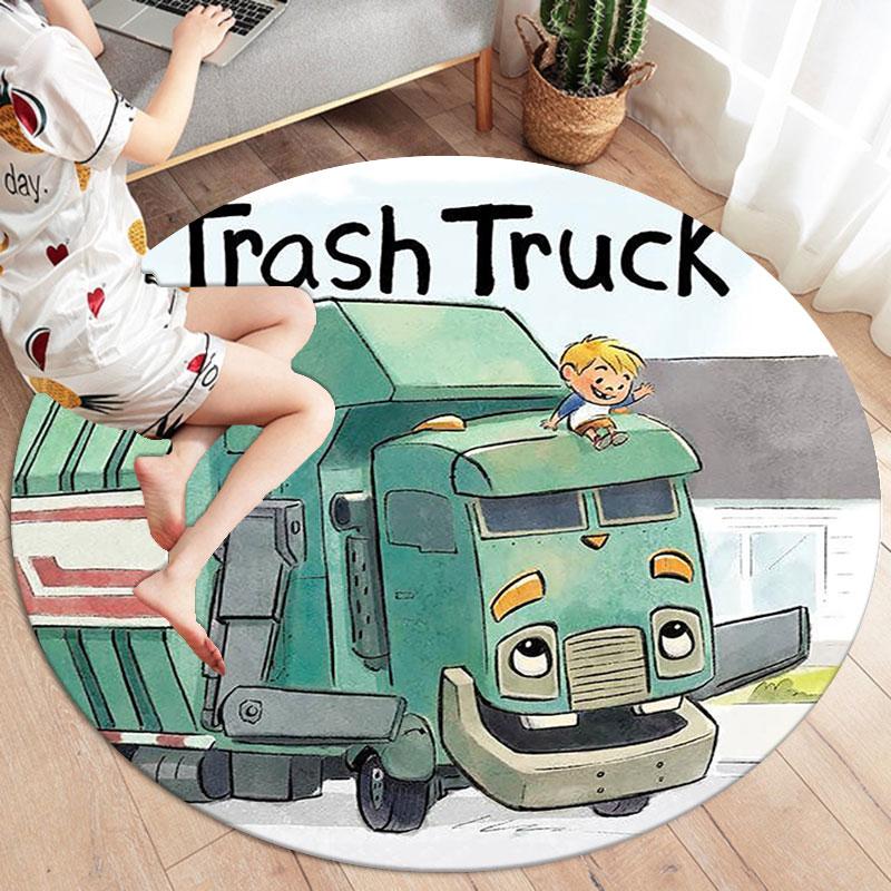 Trash Truck Round Area Rug,Carpet Rug for Living Room Bedroom Sofa Playroom Decor,Non-slip Floor Mat
