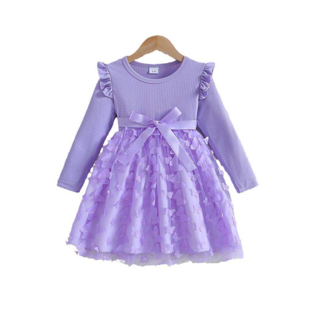 Autumn/Winter 2025 3D Butterfly Mesh Belted Long-Sleeve Dress for Girls