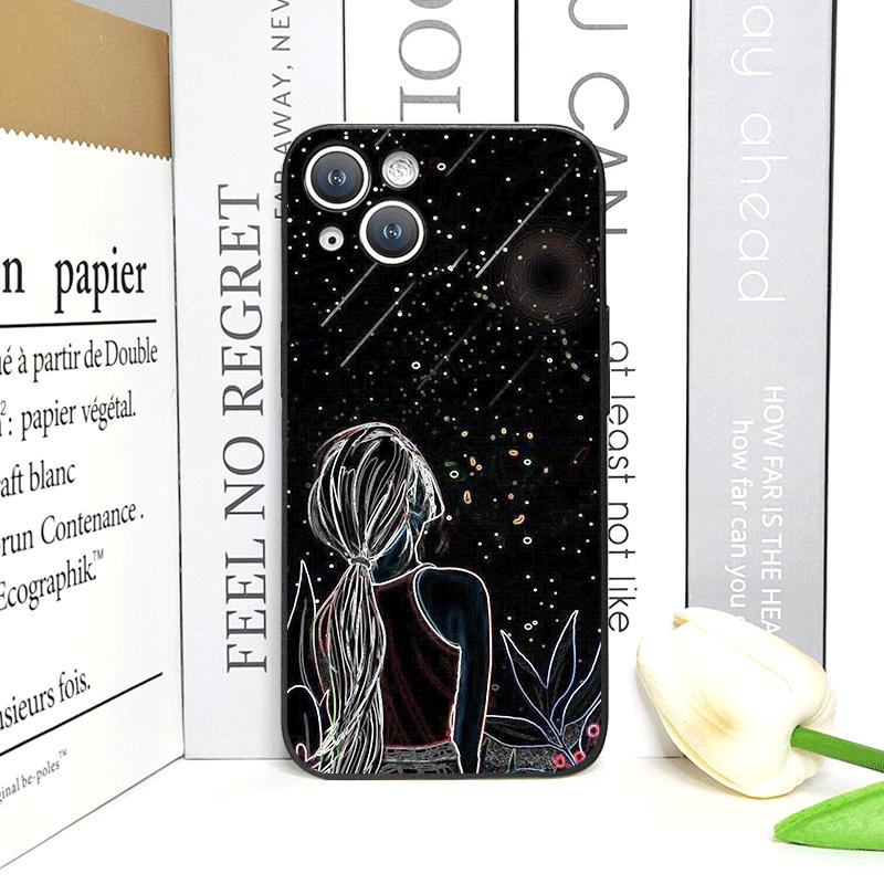 Creative Black Stardust Girl Pattern Phone Case for IPhone 17 16 12 11 14 Plus 13 14 15 Pro Max 12 13 Mini X XSMAX XR Soft Cover