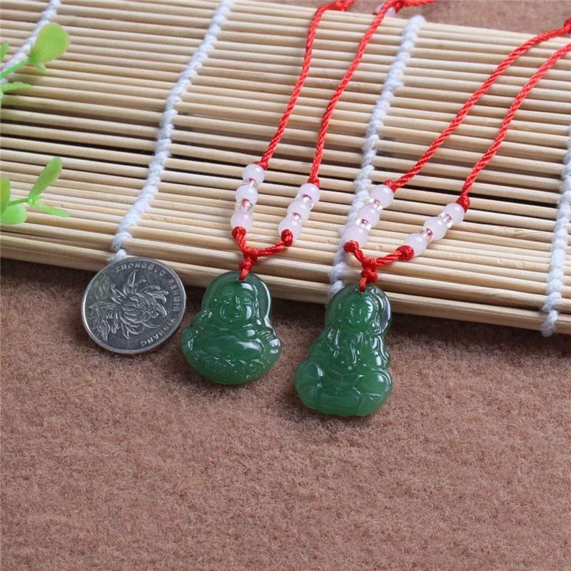 Hetian Jade Guanyin Buddha Pendant Necklace with Red String and Eight Bead Design.