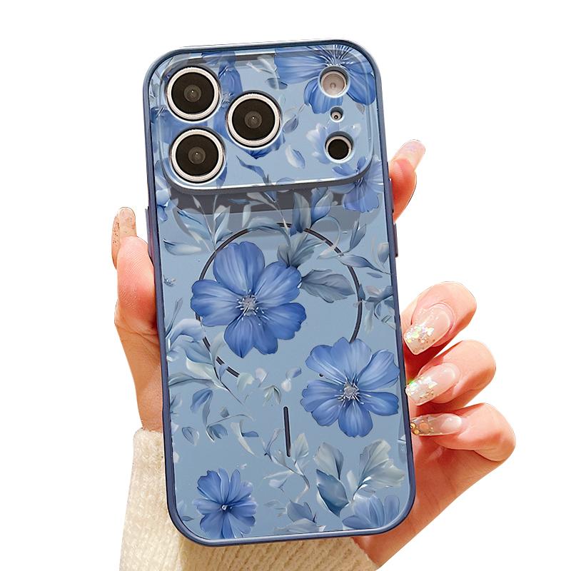 Magnetic For Magsafe Case For iPhone 17 Pro Max Pale Blue Flowers Pattern Skin Feeling Cover For iPhone 16 15 14 13 Pro Max