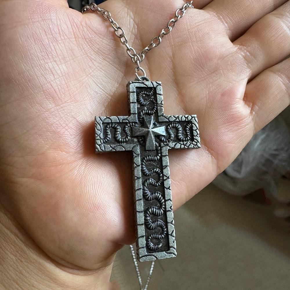

With Secret Compartment Cross Pendant Necklaces Openable Locket Neck Chain Choker Vintage 3D Printed Charm Jewelry for Women Men