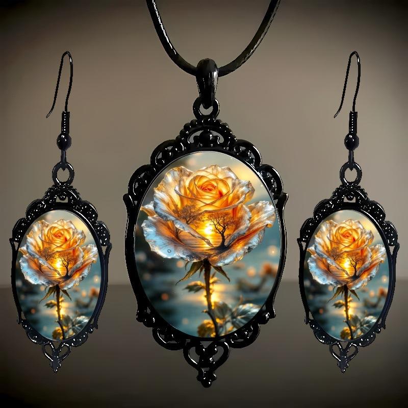 Flower Pattern Black Frame Glass Pendant Earrings, Necklace Set