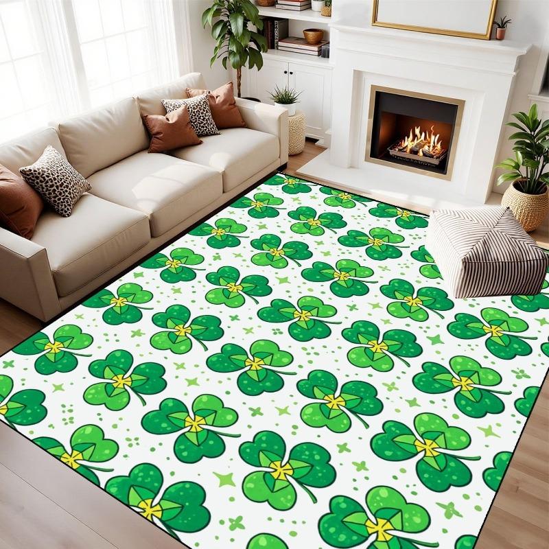 St Patricks Day Clover Rug Irish Green Shamrock Leaf Decor Carpet Holiday Home Decor Floor Mat Soft Non-Slip Living Room Mat