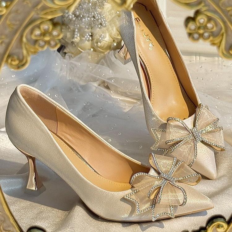 New rhinestone bow satin bag head sandals with high heels stiletto fairy style Roman shoes