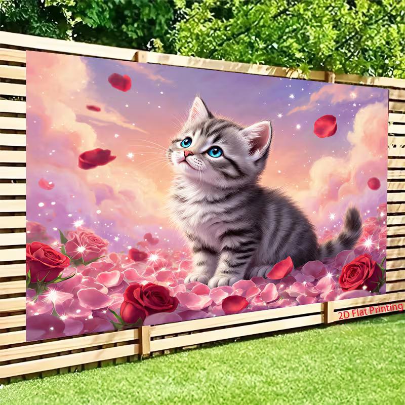 2D Dreamy Cat Tapestry, Adorable Kitten Surrounded by Red Roses and Sparkles Wall Decor