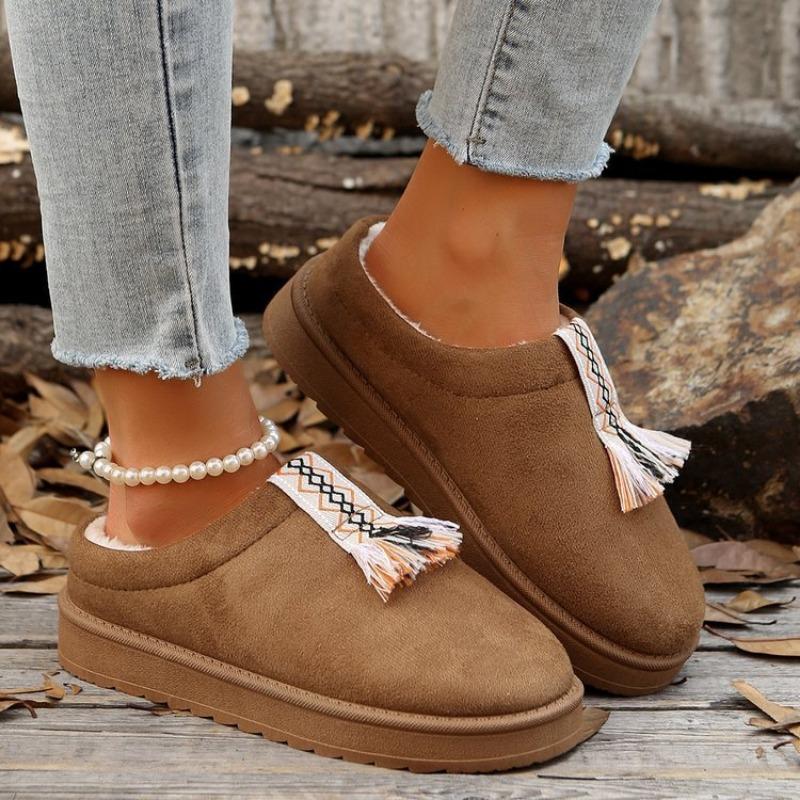 Large size thick-soled half slippers women's autumn bag head fringed fluffy muffin cotton shoes