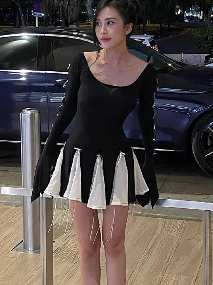 Koronkowa sukienka z wysokim stanem dla kobiet z zakładkami Splice Bodycon Mini sukienka dziewczęca Street Slim prześwitujące sukienki kobieta jesień