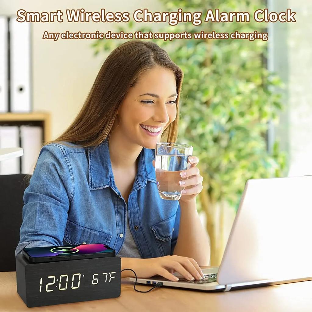 Wooden Digital Alarm Clock with Wireless Charging and LED Display, Time Date Temperature Desk Clock for Office and Bedside