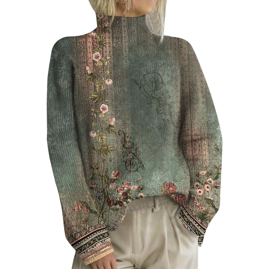 Women's Fashion Casual Long Sleeve Retro Printed Turtleneck Knit Top