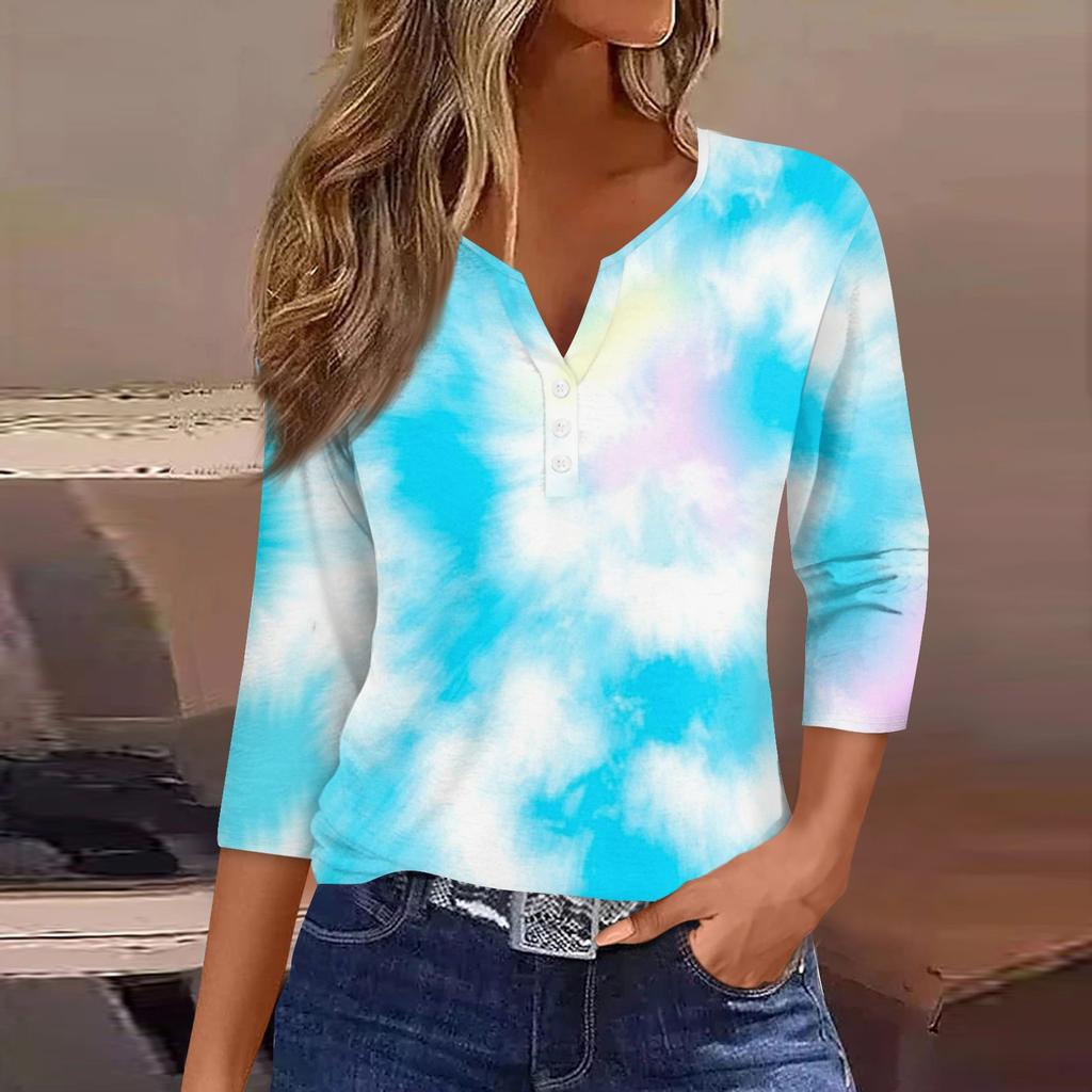 Women's T Shirt Tee Print Button 3/4 Sleeve Daily Weekend Fashion Basic V- Neck Regular Top