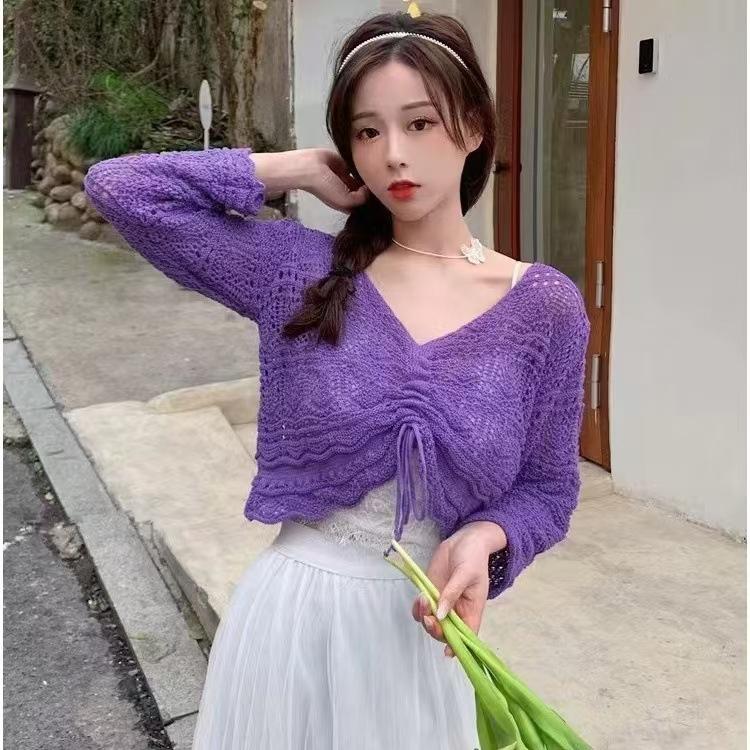 Chic Hollow Drawstring Knitted Sweater Women's Spring and Summer Small Sweet and Spicy Design Sense V-neck Lace-up Short Top
