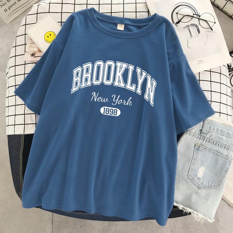 Brooklyn New York 1898 City Letter Print Female T-Shirt Street Breathable Tops Oversized Clothes Comfortable O-Neck Short Sleeve