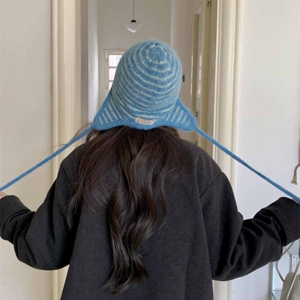 Colorful Earflap Knitted Hat Striped Baggy Beanie Hat Fashion Striped Balaclava for Outdoor Ski