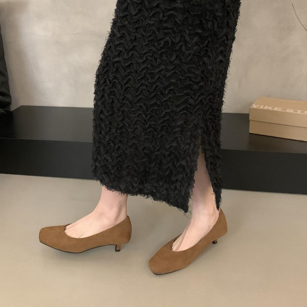 French kitten heel square head shallow mouth single shoes women's shoes spring and autumn 2025 new suede thin heel versatile evening shoes