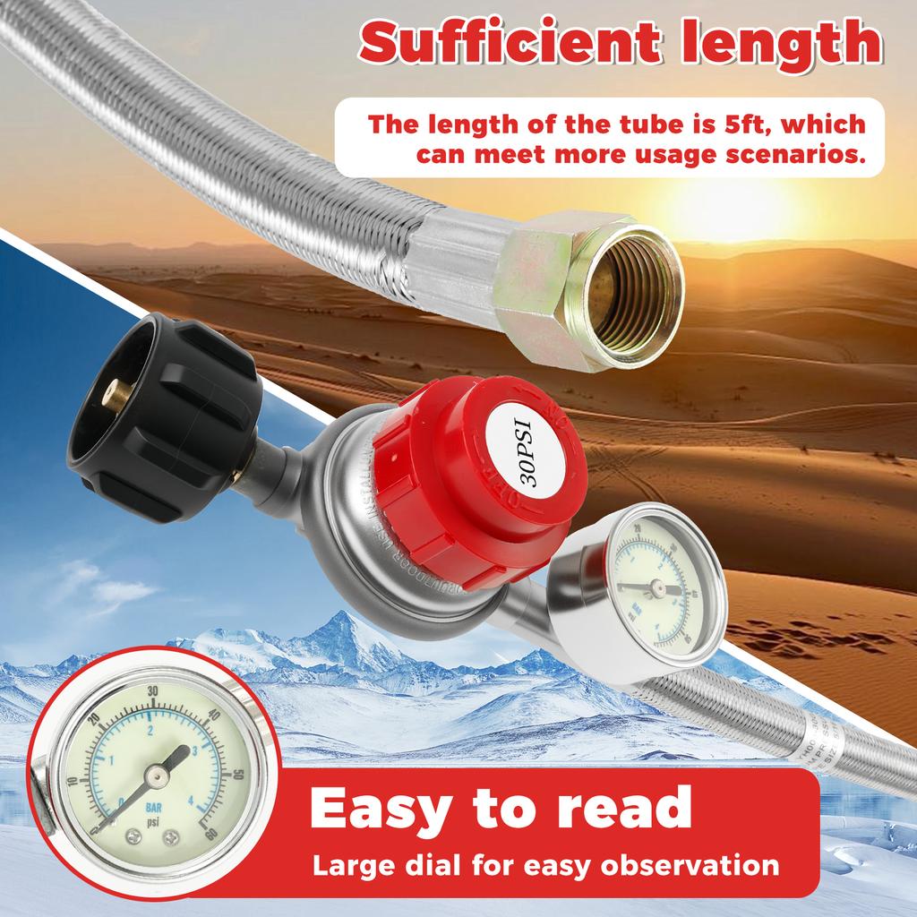 5FT Nerezová mosaz Propanový regulátor a hadice 30 PSI Nastavitelná Žáruvzdorná Hadice regulátoru plynového grilu pro kempingový vařič