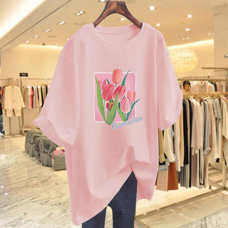 Loose flower print short-sleeved t-shirt women's new fashion alphabet top bottoming shirt