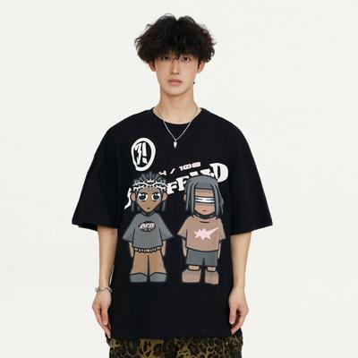 Cartoon Anime Printed T-shirt Short Sleeved Men's Summer Loose Casual Pure Cotton Double Yarn Half Sleeved T-shirt Top Instagram Trend