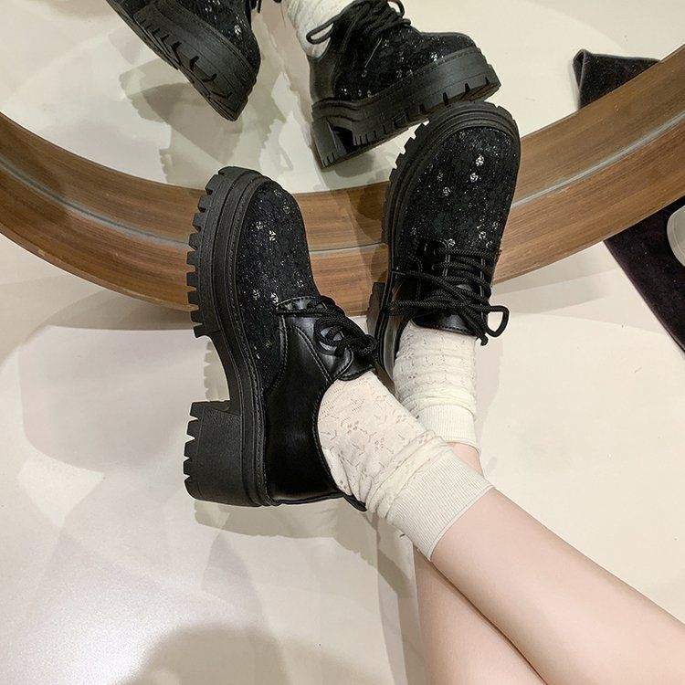 Big Head Lace-up Small Leather Shoes Women's 2025 Spring and Summer New Small Platform Women's Shoes Fashionable Heightening Loafers