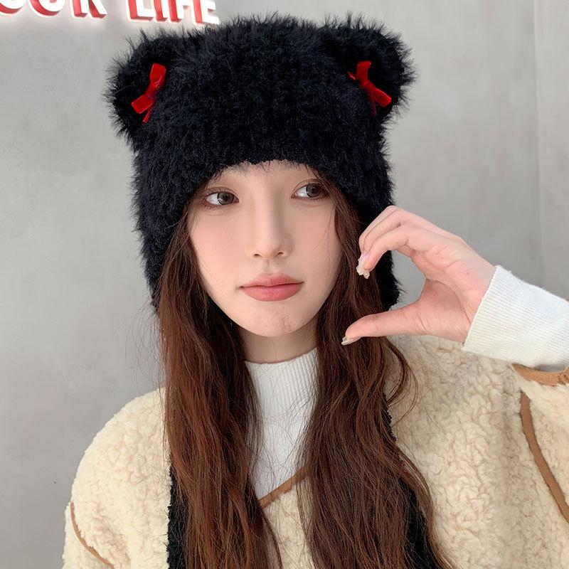Fashion Bow Knitted Warm Hat Women Autumn and Winter Pullover Ear Protector Braid Plush Hat Riding Electric Car Hat