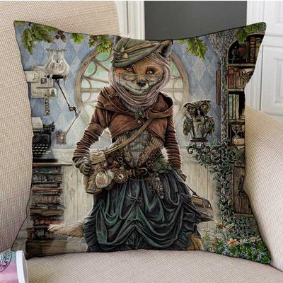 Lovely Fair Tale Alice In Wonderland Bunny Cat Hamster Owl Fox Art Drawing Children Room Decorative Throw Pillow Cushion Cover