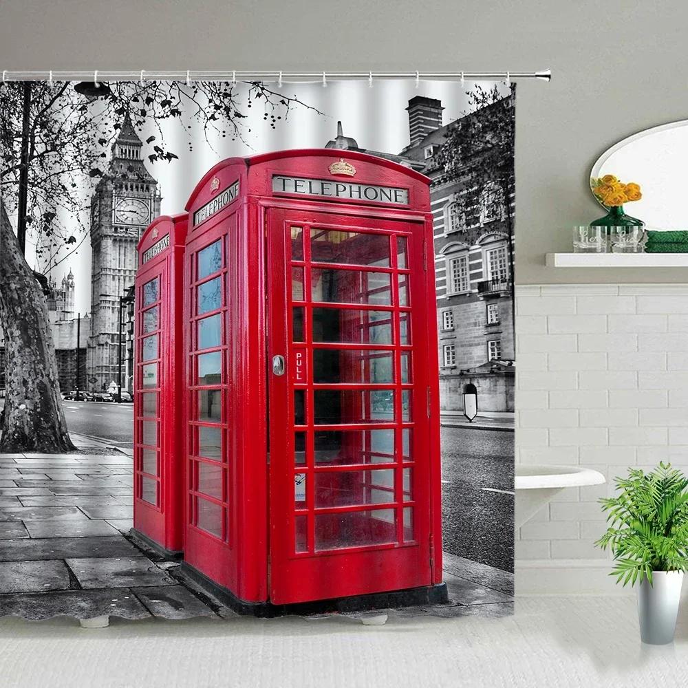 London Big Ben Shower Curtain European Style Red Tram Telephone Hall Scenery Old Newspaper Bath Screen Bathroom Curtain Box